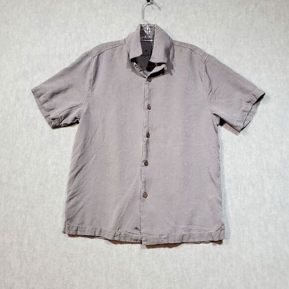 Tommy Bahama Shirt Mens Small Gray Floral 100% Silk Logo Collared Button Down - Picture 1 of 13